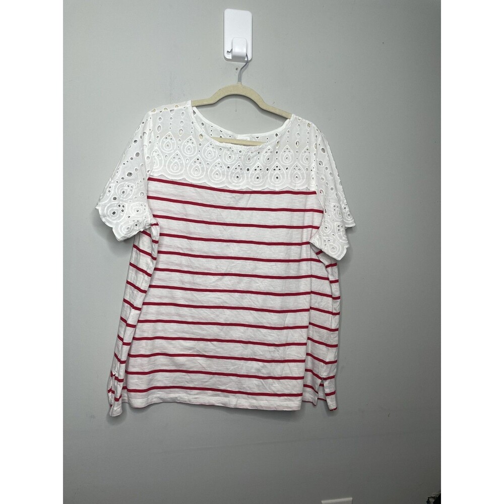 Charter Club Shirt Womens Plus 3X White Red Stripe Eyelet Flutter Sleeve Jersey